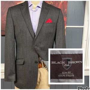 Black Brown 1826 Blazer Jacket Sport Coat‎ Mens 42L Long Slim Fit Wool Gray